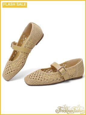 Women's Knit Flats Square Toe Slip On Ballet Mary Jane Shoes with Adjustable
